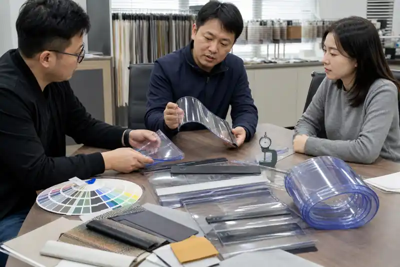 OEM engineering discussion around transparent magnetic PVC door curtain samples